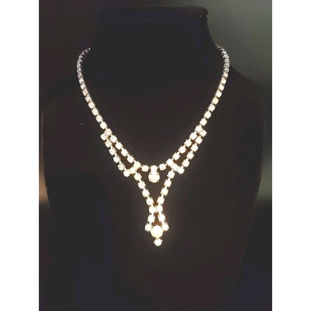 Vintage Rhinestone Choker‎ Necklace W/ Matching Screw Back Dangle Earrings 14" L